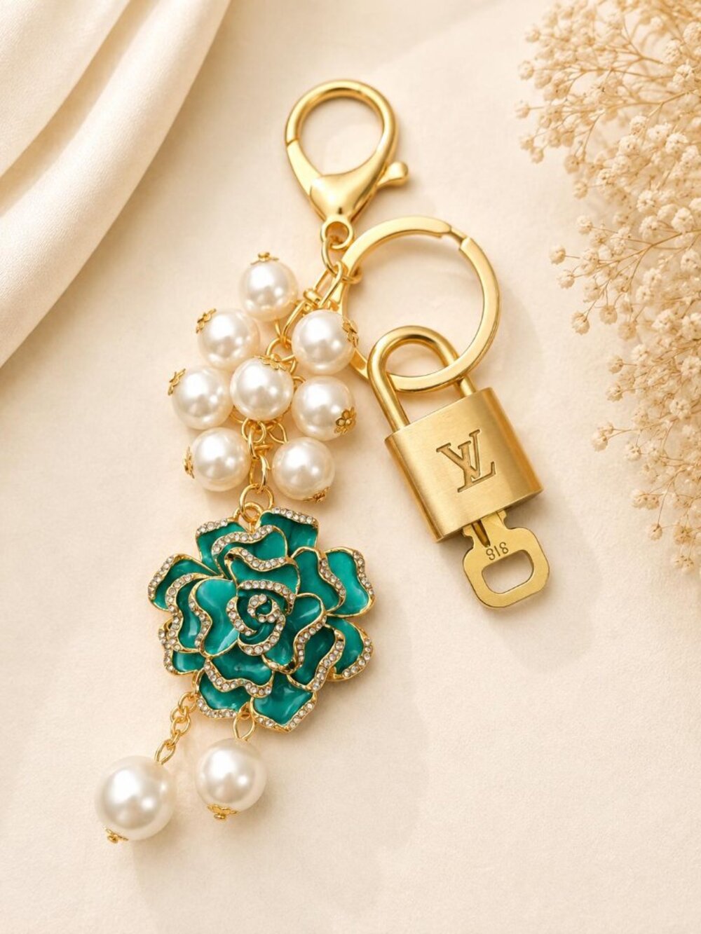 Authentic Louis Vuitton Gold Lock & Key ✨ Unbranded Flower Bag Charm Keychain